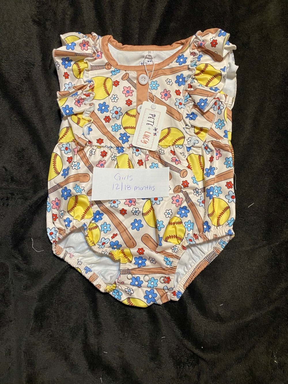 Girls Yellow Baseball Print Ruffle One-Piece